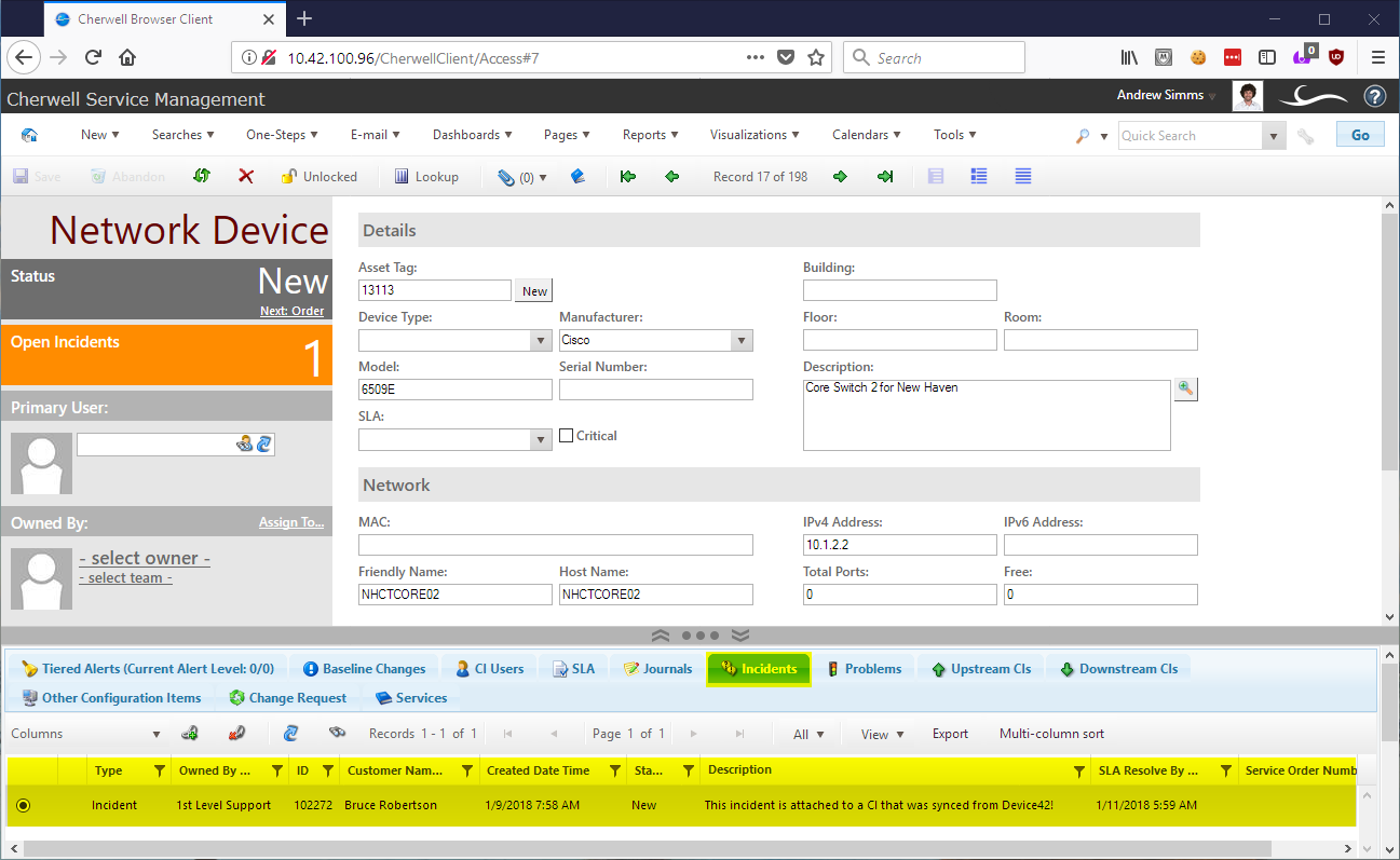 Device42 CI attached to Cherwell ITSM Issue