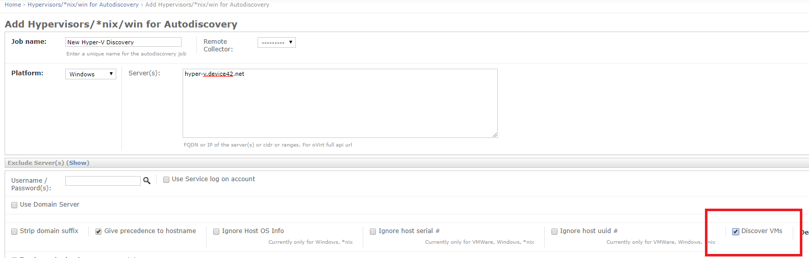HyperV discovery in Device42 main appliance