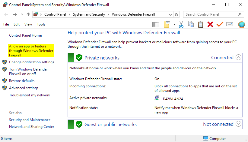 Allow an app or feature through Windows Defender Firewall