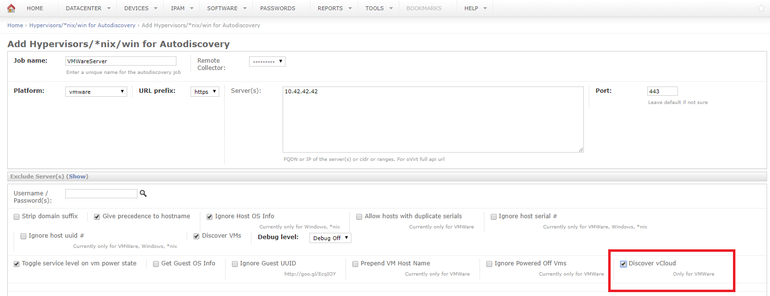 Device42 Toggle vCloud Discovery Option