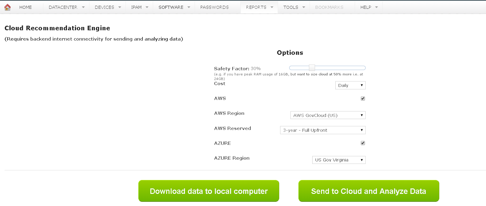 Cloud Recommendation Engine Options Screen