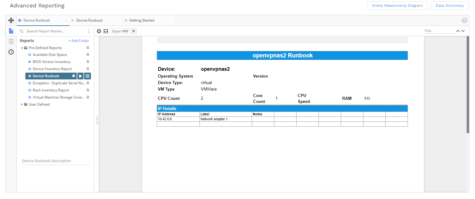 Advanced Reporting Device Runbook Report