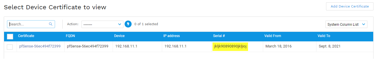 Certificate serial number visible in list view
