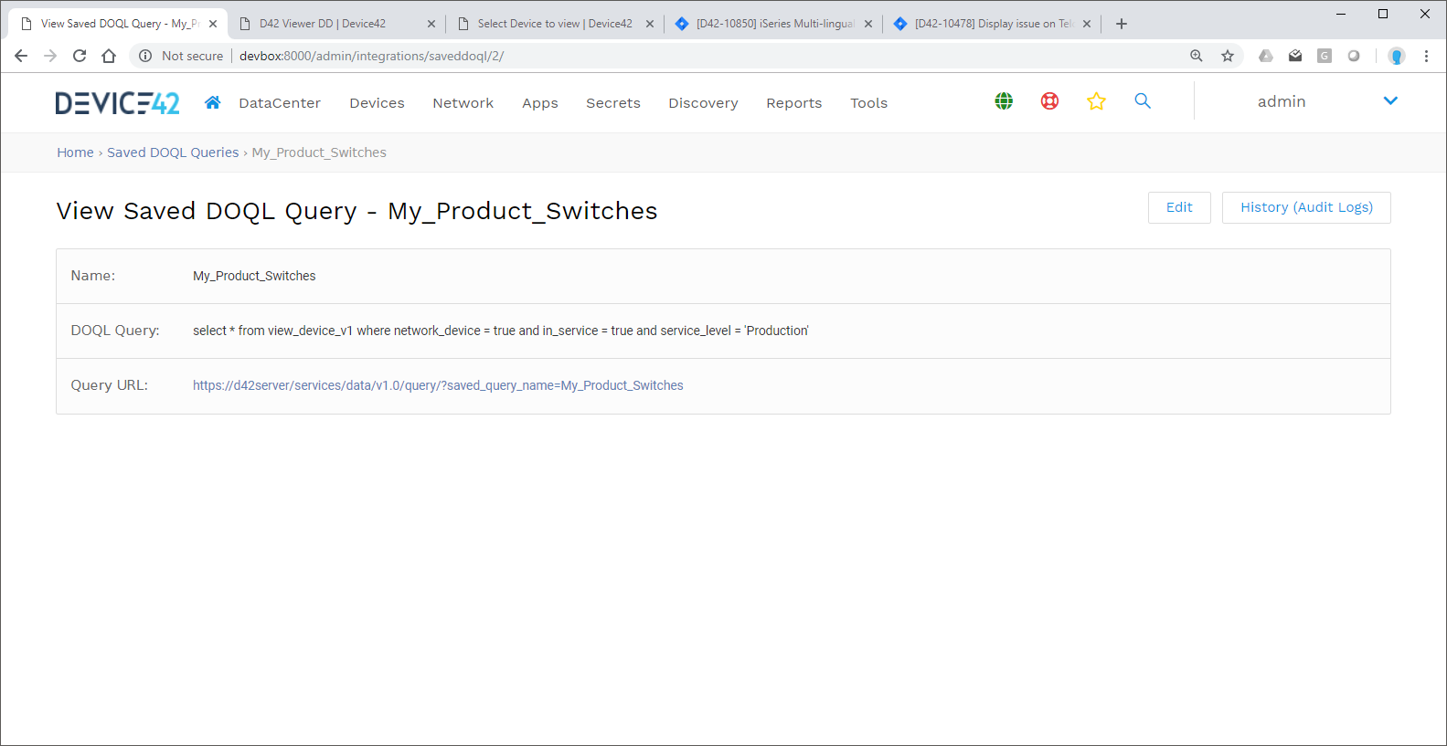 Stored DOQL query edit screen