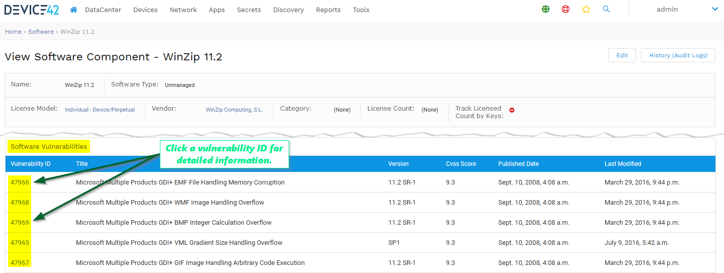 View WinZip software vulnerabilities in device42