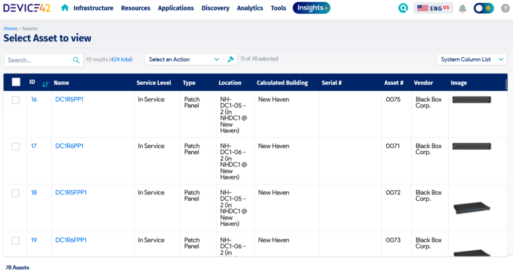 An asset register in Device42 details essential IT asset data. 