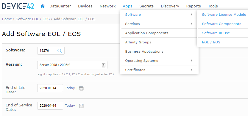 EOL/EOS tracking with Device42
